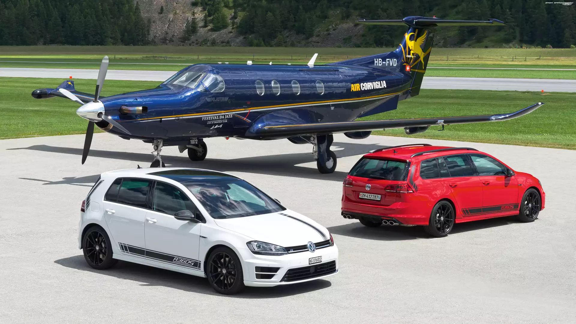 Pilatus PC-12, Biały, Dwa, Volkswagen Golf R360S, Samolot, Samochody, Czerwony