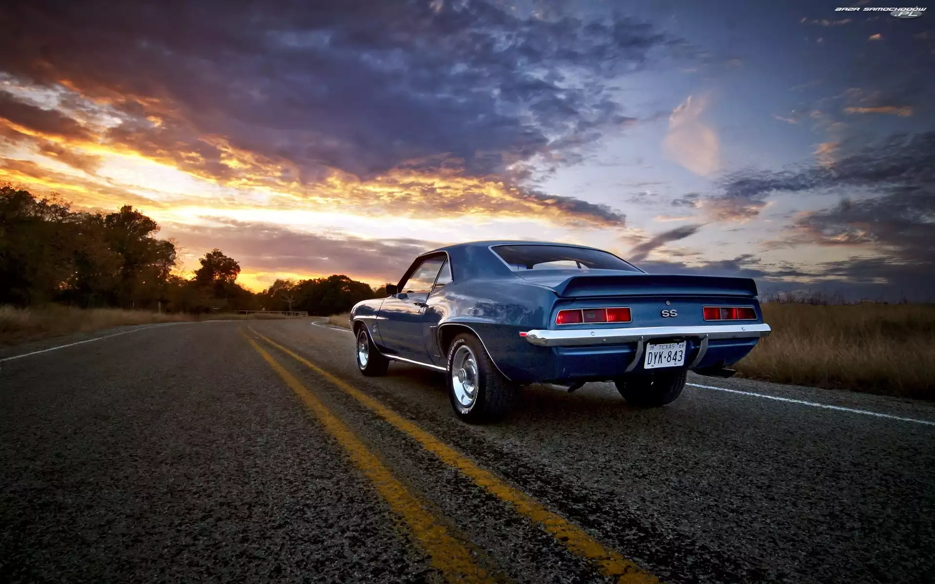 Droga, Chevrolet, Słońca, Zachód, Camaro SS, Chmury