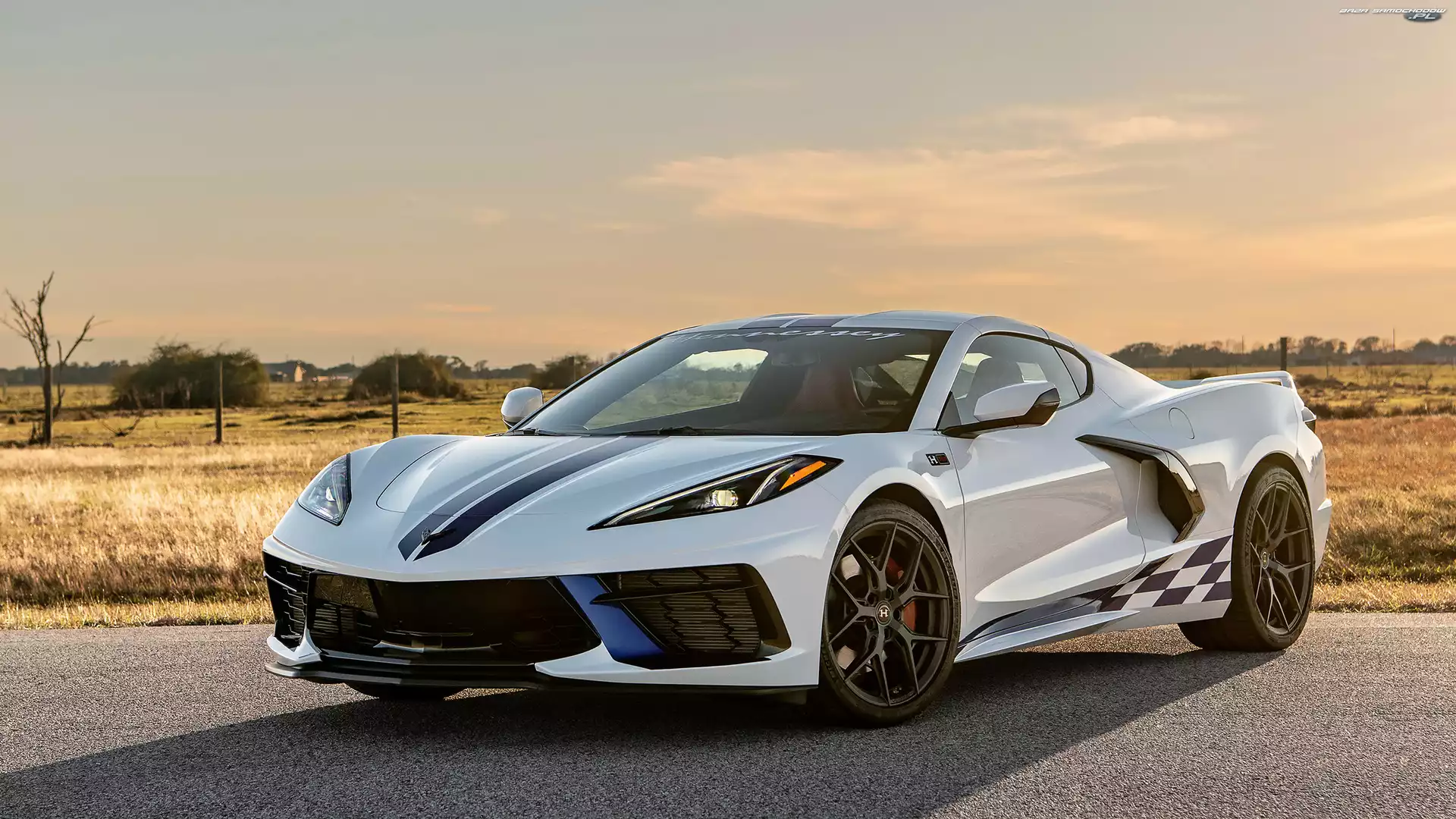 Łąka, Pobocze, Niebo, Chevrolet C8 Corvette Stingray, 2023, Hennessey Supercharge H700, Przód, Biały