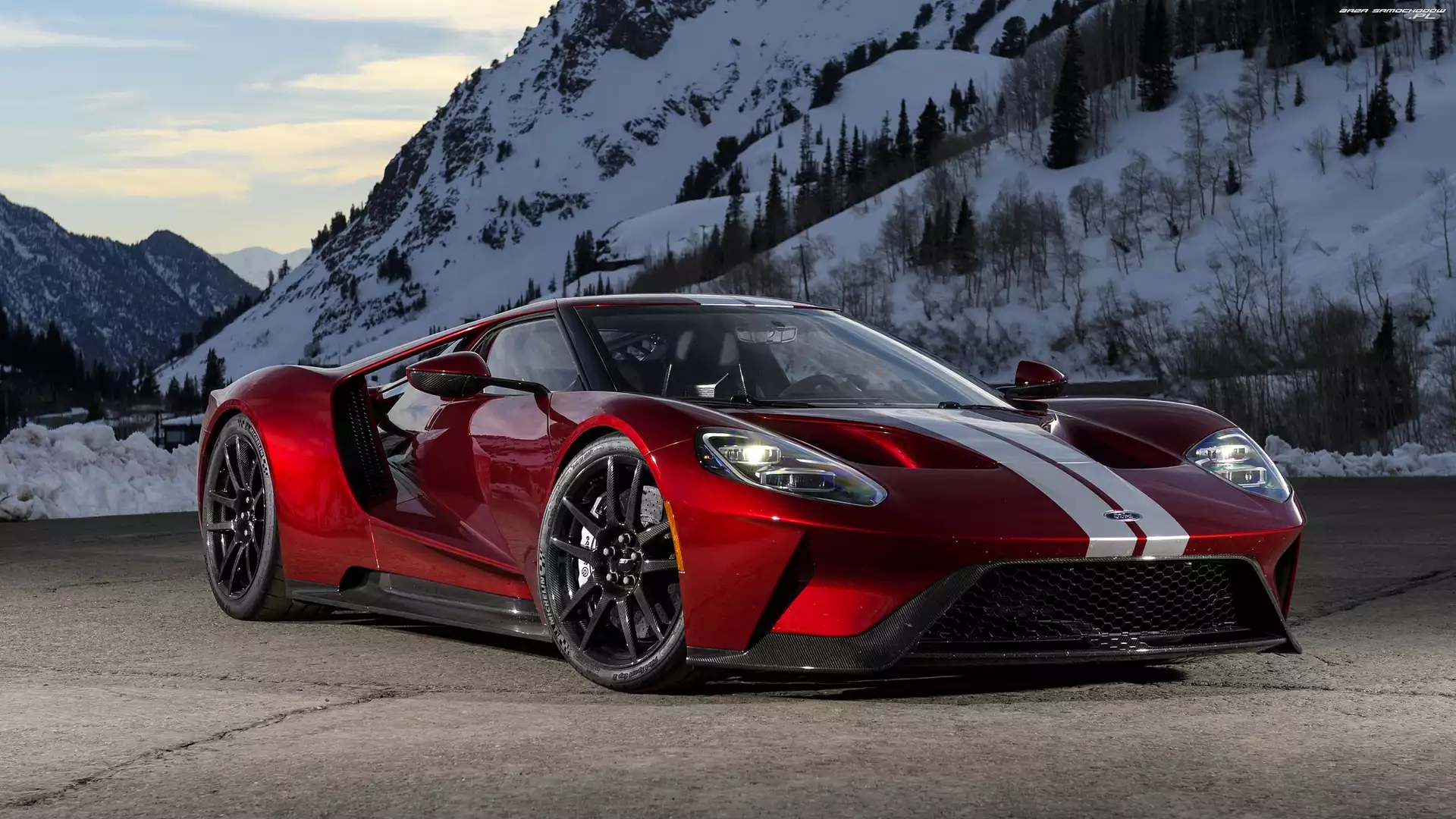 Góry, Ośnieżone, Ford GT, Czerwony, 2017