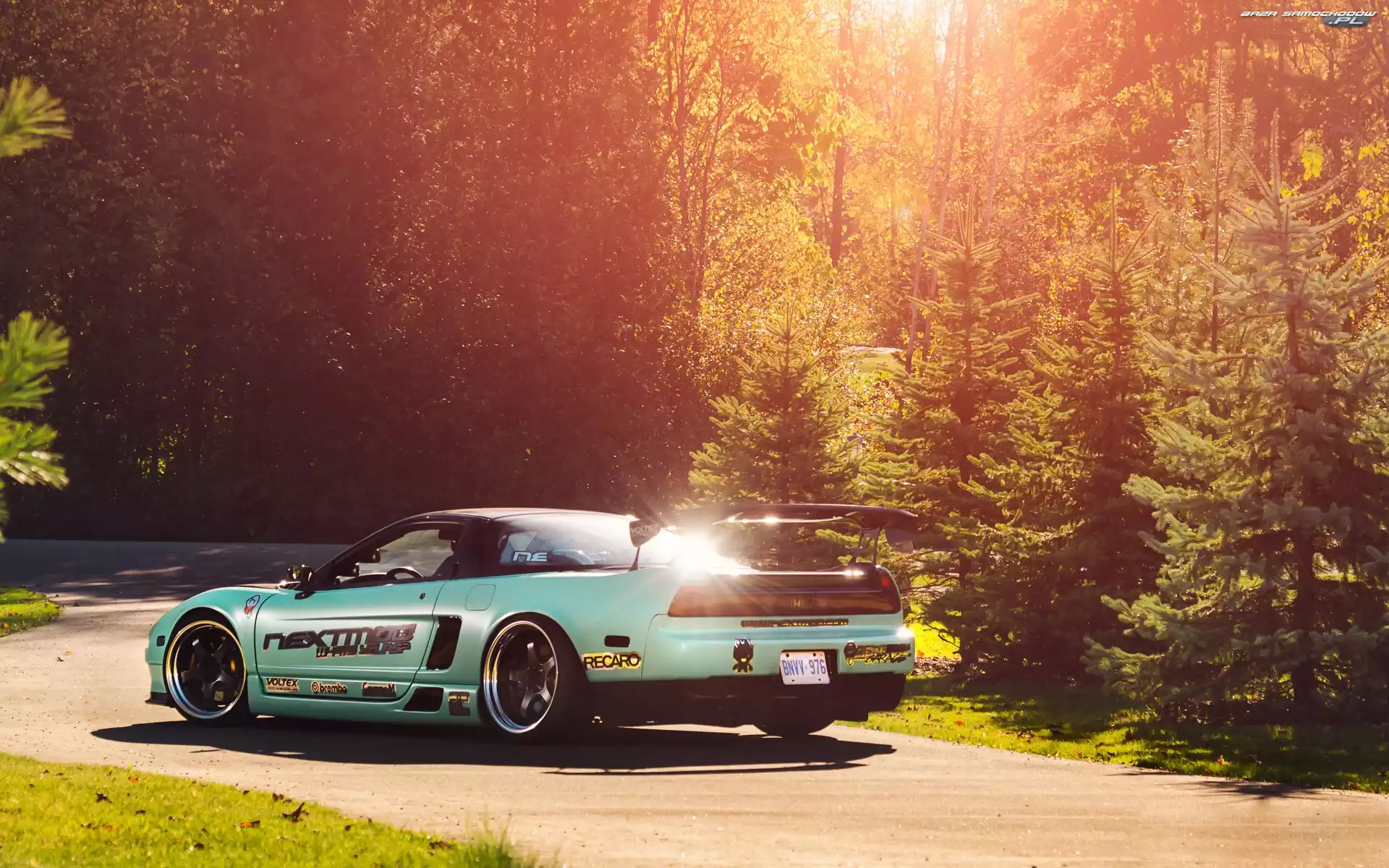 Las, Honda NSX, Jesień, Słońca, Droga, Promienie