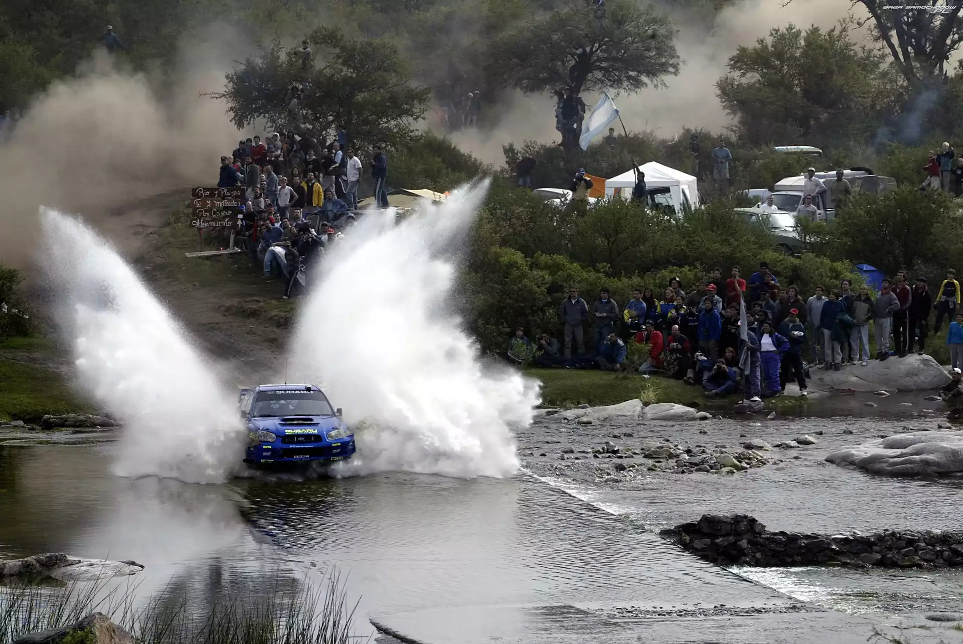 Ludzie, Impreza, Rajdowy, Kamienie, Drzewa, Subaru, Rzeka