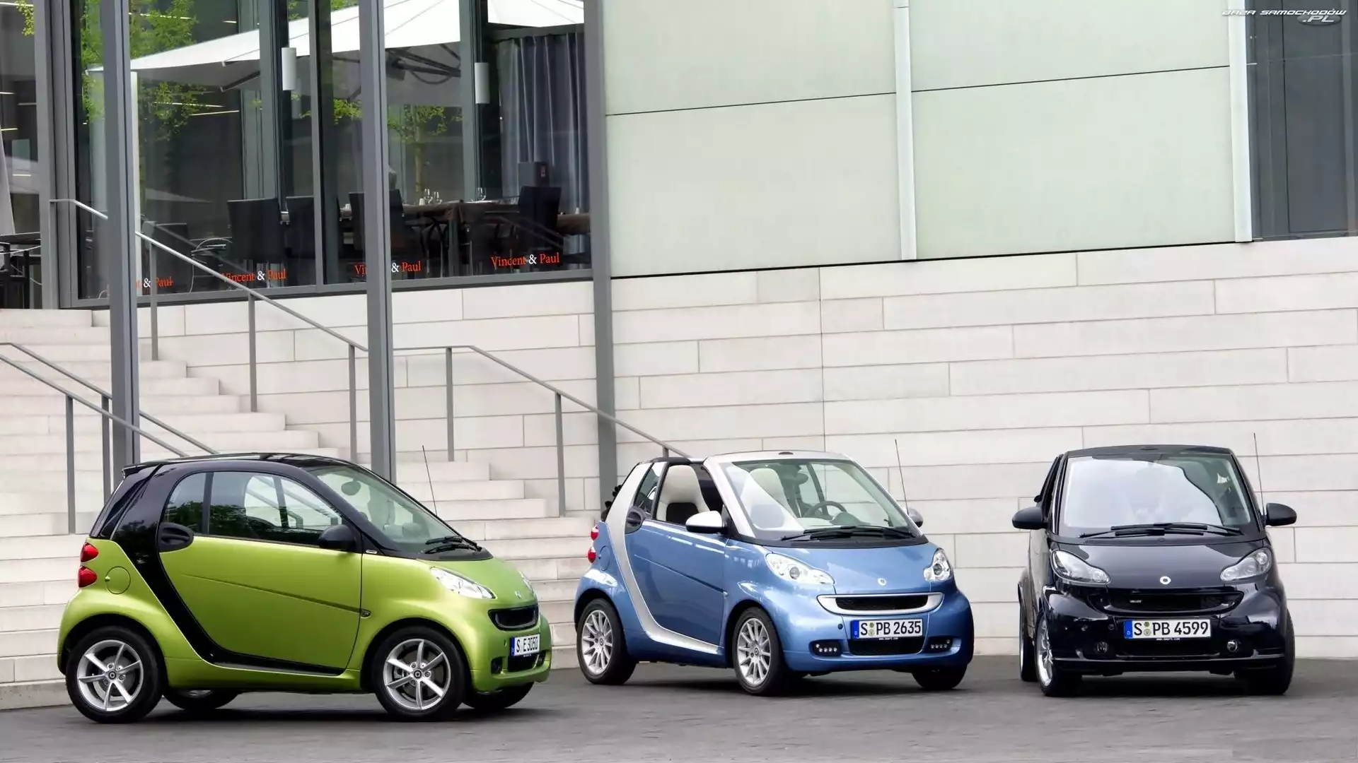 Samochody, Budynek, Trzy, Smart Fortwo