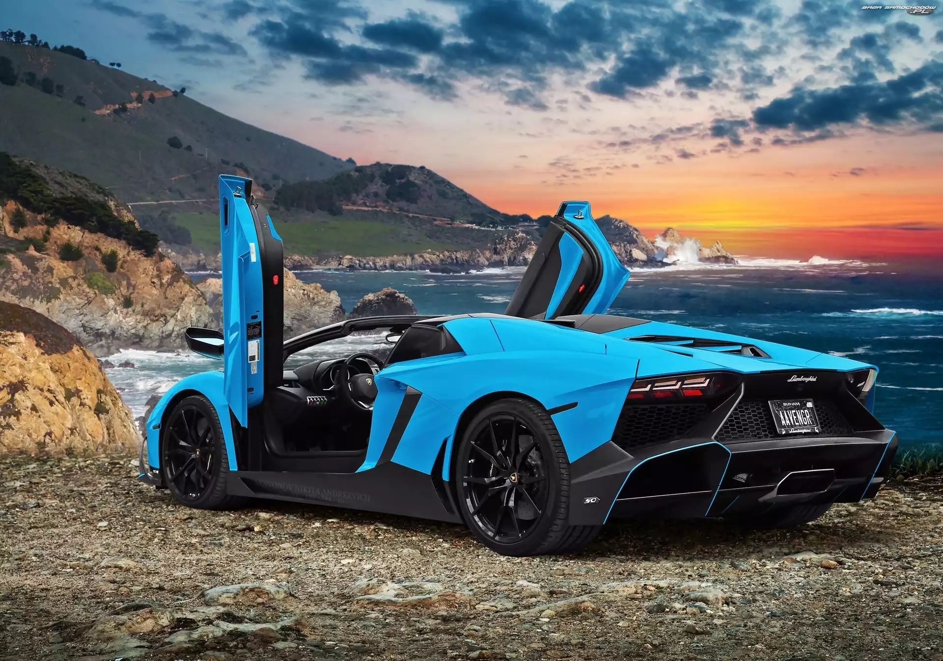 Słońca, Zachód, Aventador, Lamborghini, Wybrzeże