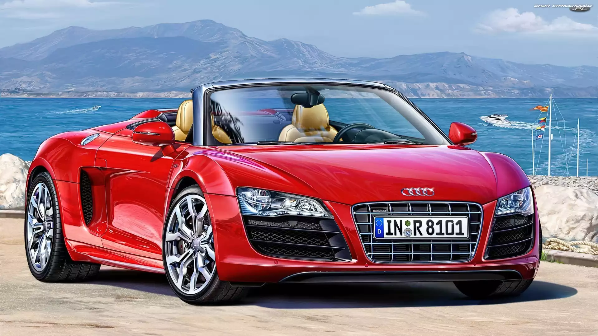 Woda, Góry, Audi R8, Czerwone, Cabrio